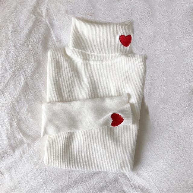 Heart Embroidery Turtleneck Sweater